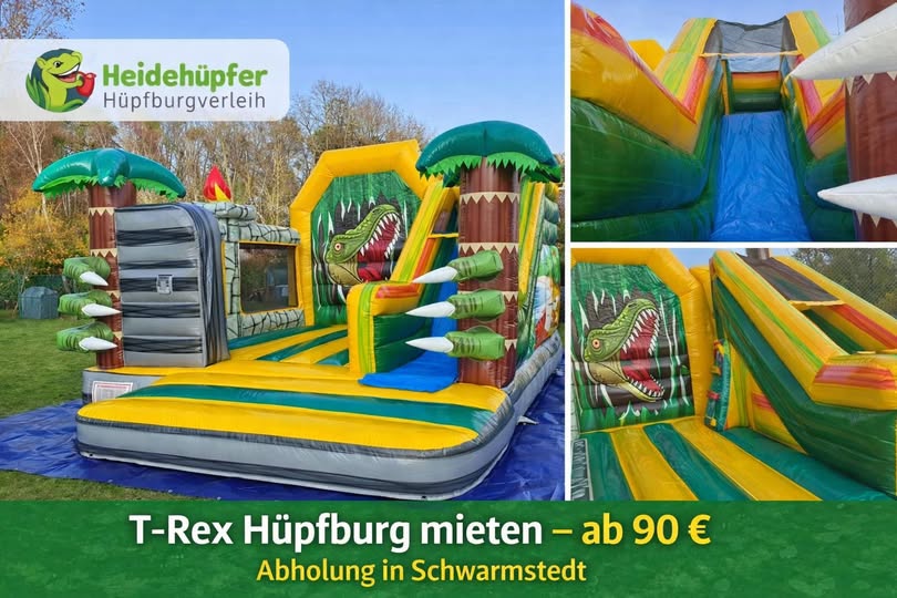 Heidehüpfer T-Rex-Hüpfburg mit Rutsche: Außenansicht und zwei Detailfotos